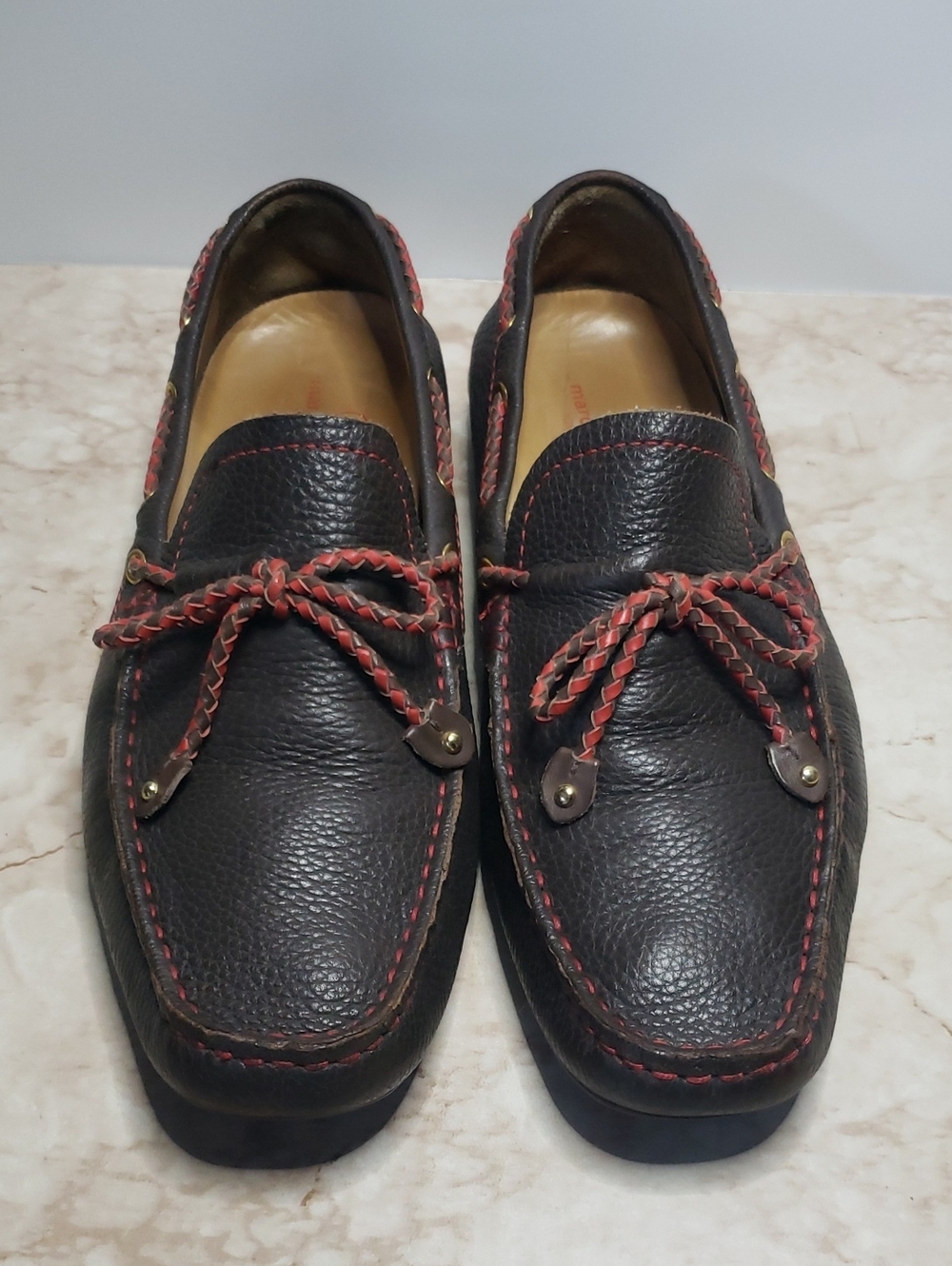 Marc Joseph Men's Brown  Leather Moc Toe Loafers with Red Stitching Size 42